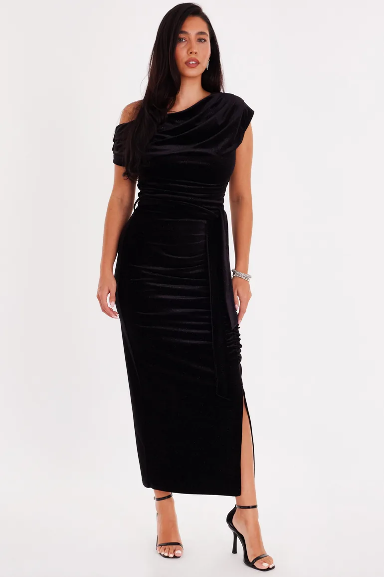 Black Glitter Velvet Tie Waist Midaxi Dress