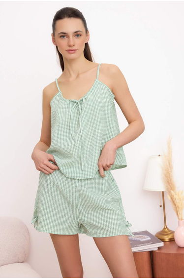 Green Plaid / Checkered Seersucker Woven Pajama Set Thmss26Pt00162