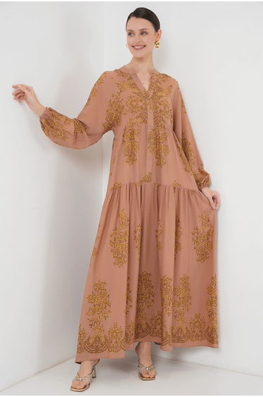 BDART Printed V-Neck Maxi Dress with Button Closure