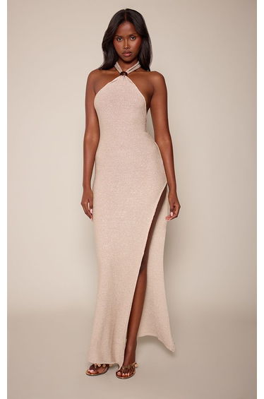 Gold Lurex Knit Trim Detail Halterneck Maxi Dress