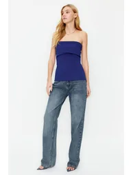 Saks Strapless Collar Side Zipper Crepe Knitted Blouse - 4