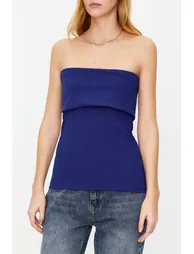 Saks Strapless Collar Side Zipper Crepe Knitted Blouse - 2