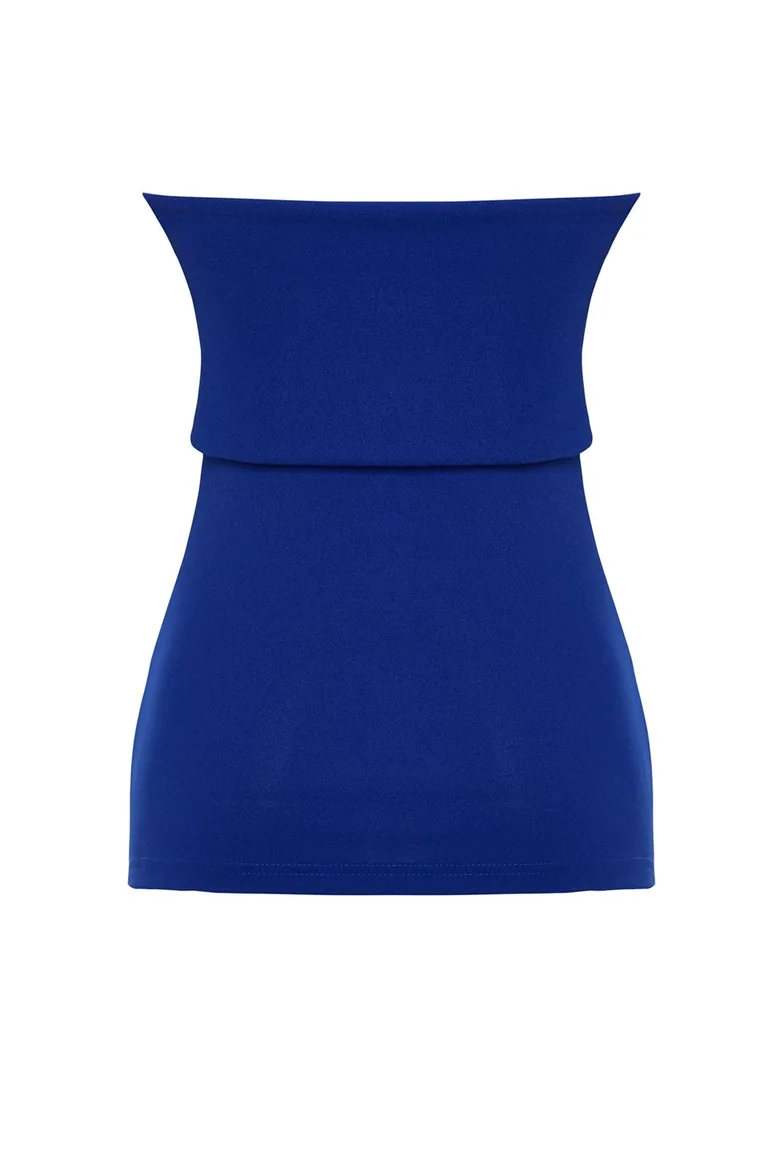 Saks Strapless Collar Side Zipper Crepe Knitted Blouse - 7