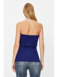 Saks Strapless Collar Side Zipper Crepe Knitted Blouse - 3