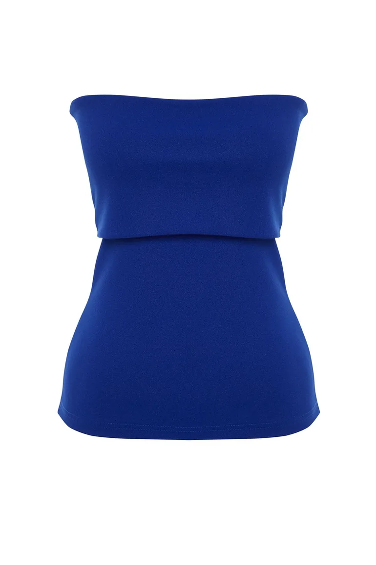 Saks Strapless Collar Side Zipper Crepe Knitted Blouse - 6
