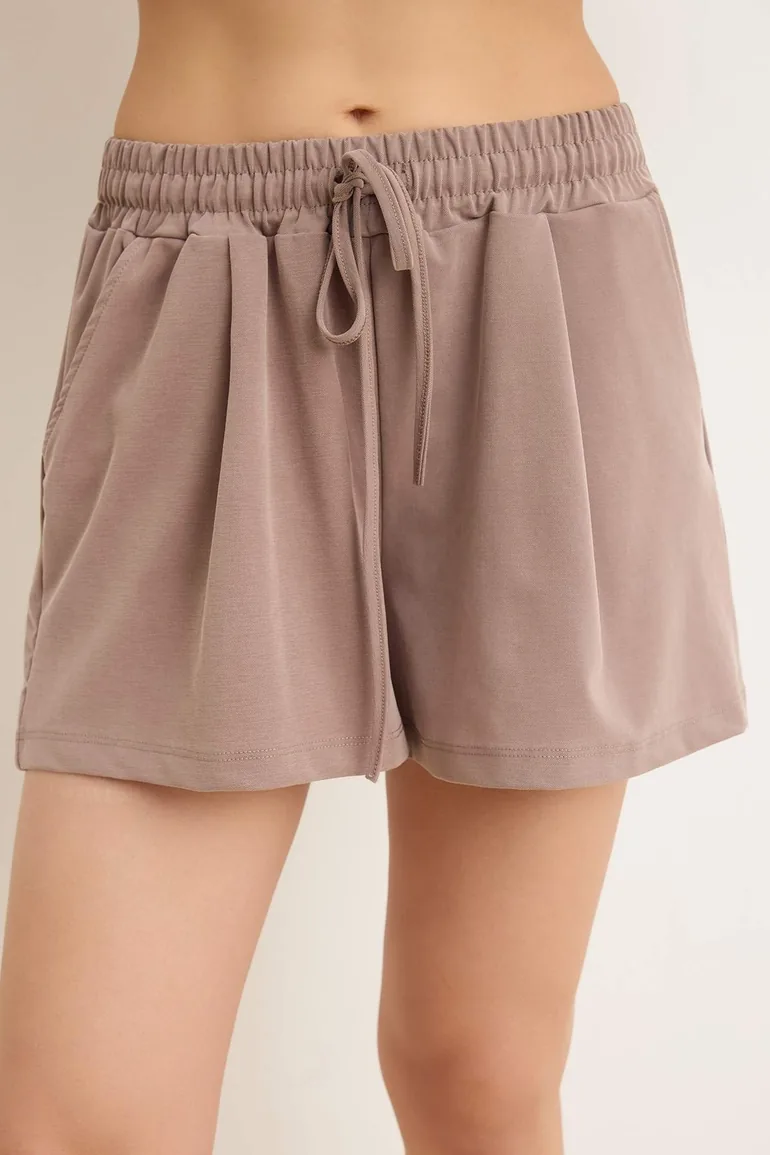 Vizon Relaxed Pool Collar Normal Waist Wide Leg Short / Mini Modal Knitted Bottom Top Set - 2