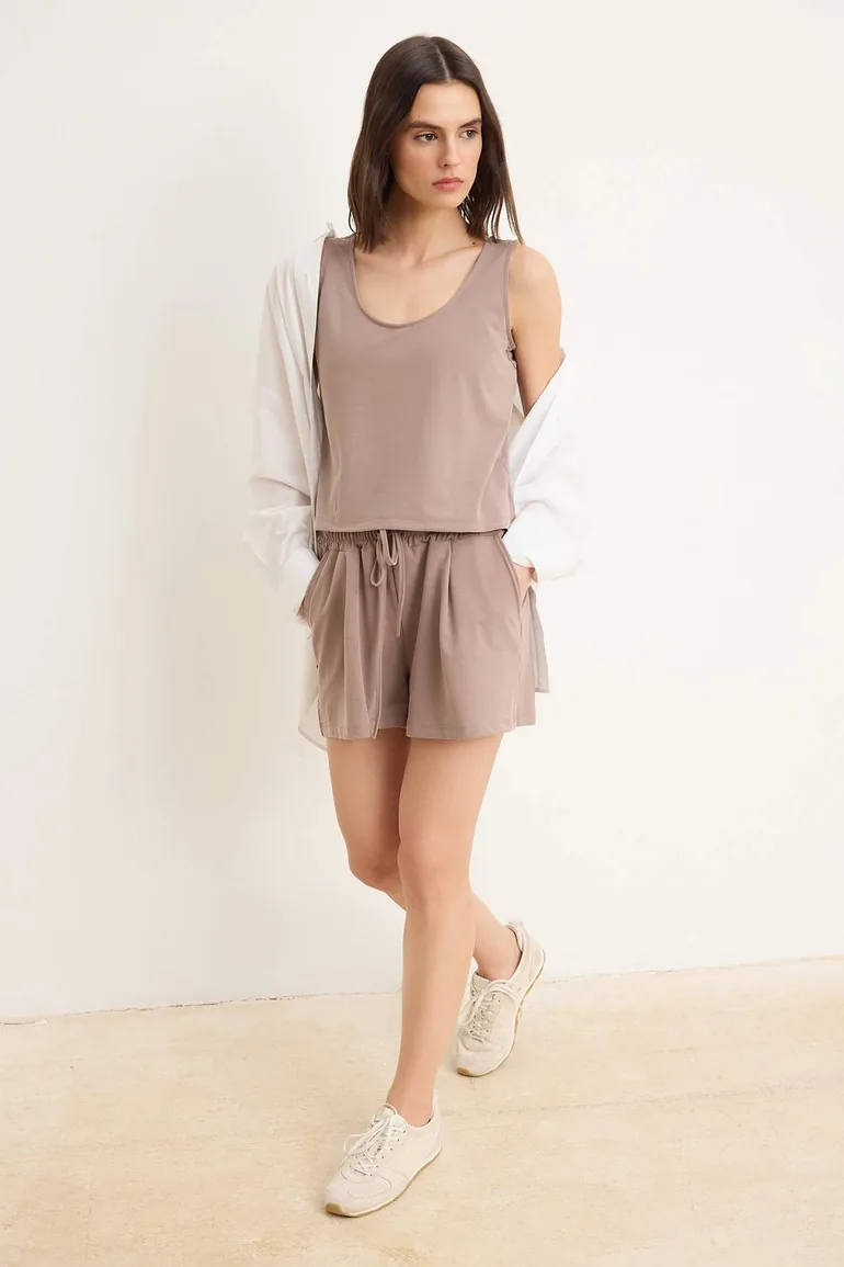 Vizon Relaxed Pool Collar Normal Waist Wide Leg Short / Mini Modal Knitted Bottom Top Set