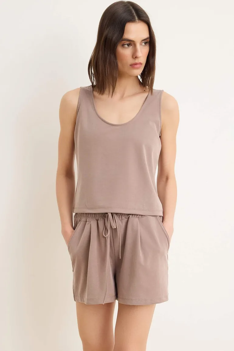 Vizon Relaxed Pool Collar Normal Waist Wide Leg Short / Mini Modal Knitted Bottom Top Set - 1