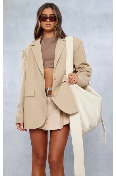Stone Woven Oversized Curved Hem Boxy Blazer