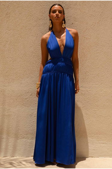 Pacific | Blue Halter-Neck Maxi Dress with Open-Back
