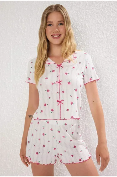 White-Pink 100% Cotton Floral Ribbon/Bow Knitted Pajama Set