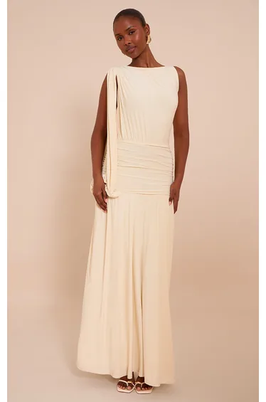 Butter Cream Double Layer Slinky Ruched One Shoulder Maxi Dress