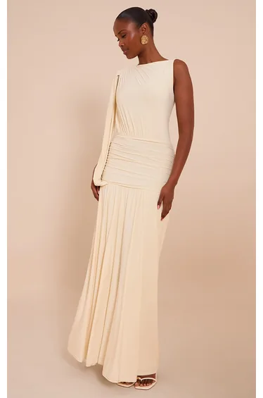 Butter Cream Double Layer Slinky Ruched One Shoulder Maxi Dress