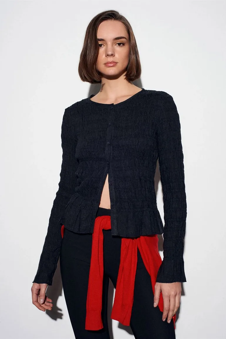 Dilvin Textured Knit Button-Front Blouse - 4