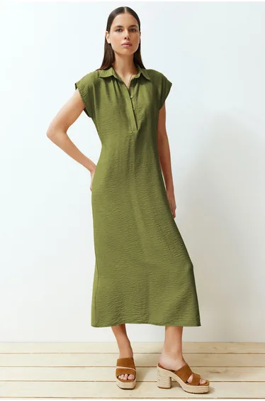 Khaki Plain Half Placket Maxi Woven Dress