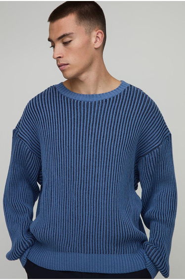 Man Relaxed Boxy Ribbed Knitted Jumper - navy