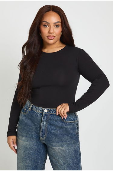 Plus Long Sleeve Crew Neck Bodysuit - black