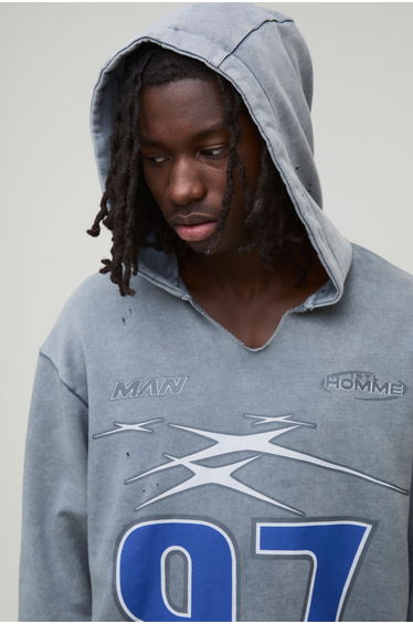 Oversized Boxy Distressed Ripped Neck Hoodie - grey