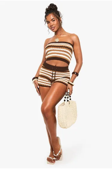 Crochet Wave Stripe Bandeau Knitted Top and Mini Short Co-Ord - neutral