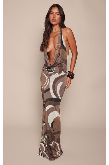 Brown Swirl Print Mesh Cowl Neck Maxi Dress