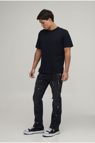 Ripped Knee Paint Splatter Flared Jeans - washed black