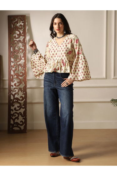 Bell Sleeves Floral Print Paneled Peplum Tunic