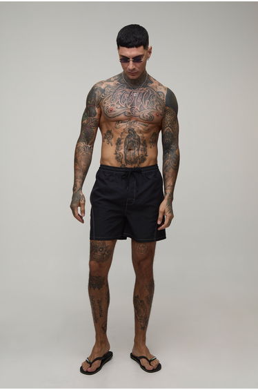 Contrast Stitch Short Length Swim Short - black
