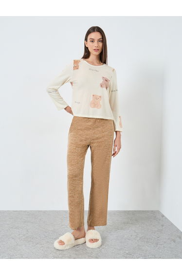 Cozy Beige Bear Print T-Shirt and Pyjama Set