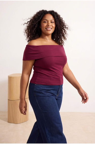 Burgundy Carmen Collar Soft Buttoned Viscose Ribbed Knitted Plus Size Blouse