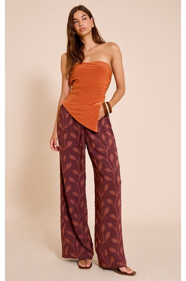 Chocolate Textured Woven Drawstring Waist Straight Leg Trousers