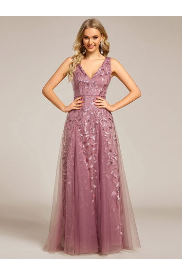 ever ZOEY|V-Neck Leaf Sequin Sleeveless A-Line Formal Evening Dress with Tulle