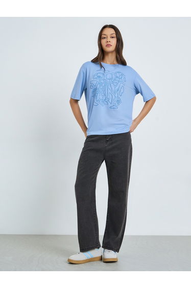Blue Graphic Floral Print Oversized T-Shirt