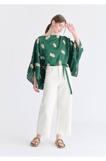 Leaf Embroidered Kimono Sleeves Top