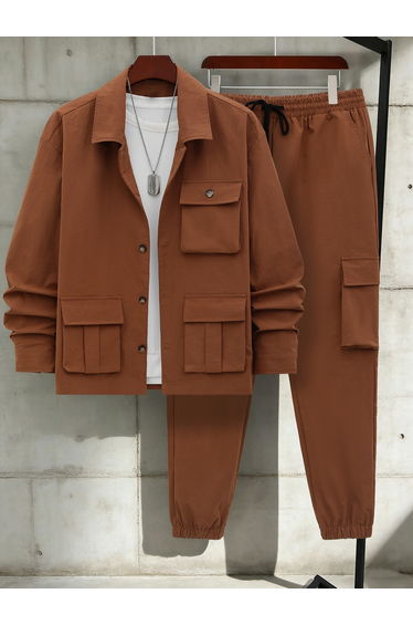 Men Pocket Detail Buttoned Jacket and Drawstring Pants Co-Ords
