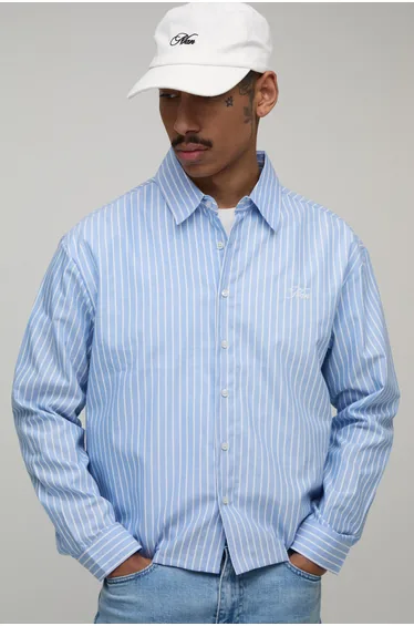 Oversized Boxy Hamptons Printed Long Sleeve Stripe Shirt - blue