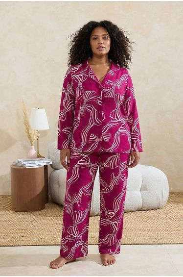 Cherry Shirt Collar Ribbon/Bow Patterned Woven Pajama Set