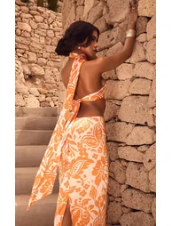 Orange Floral Printed Satin Scarf Detail Halterneck Crop Top - 1