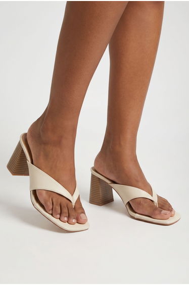 Toe Post Stack Heeled Mules - off white