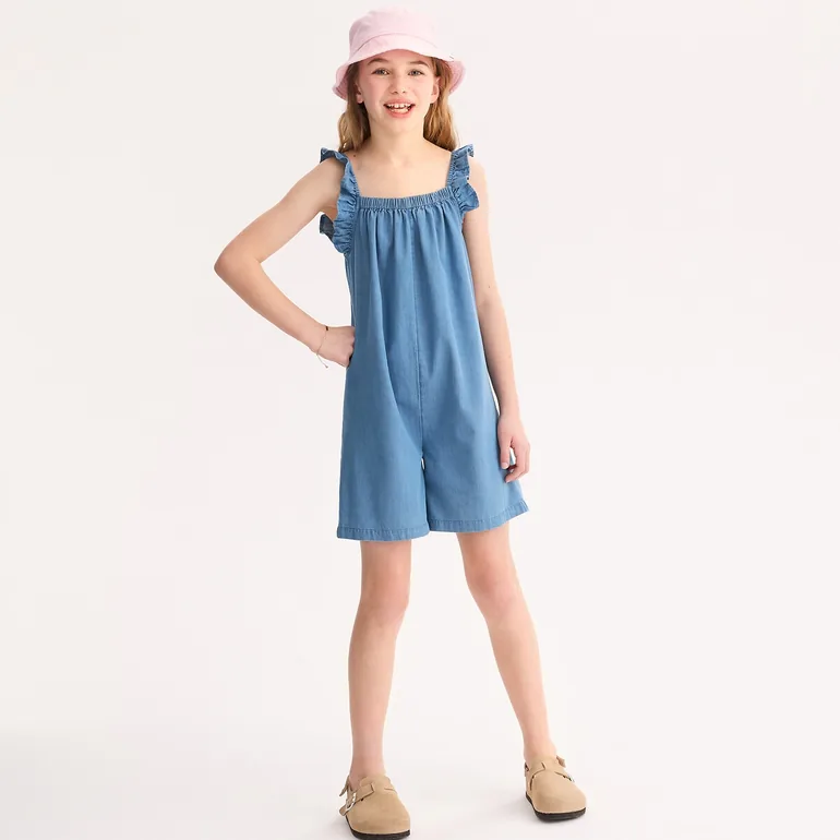 Ruffled Shoestring Strap Lightweight Denim Dungarees