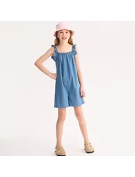 Ruffled Shoestring Strap Lightweight Denim Dungarees