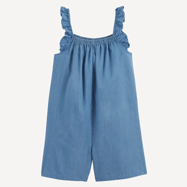 Ruffled Shoestring Strap Lightweight Denim Dungarees - 1