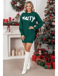 Merry Crew Neck Batwing Sleeve Knit Sweater Dress in Dark Green