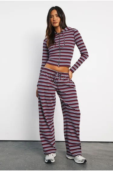 Stripe Zip Through Hooded Top - navy