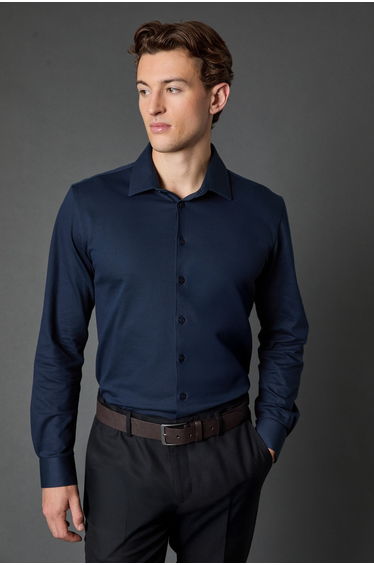 Navy Pique Slim Fit Long Sleeve Shirt