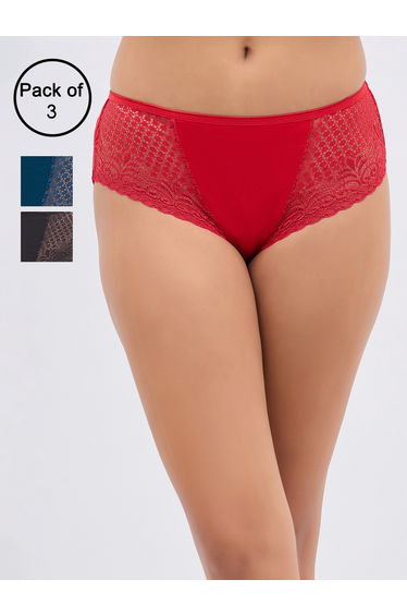 Pack of 3-Mid Waist Hipster Panty with Lace Wings - Cotton