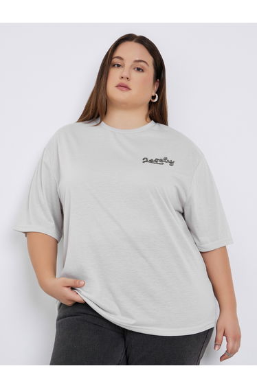 Plus Size Grey Embellished Slogan T-Shirt