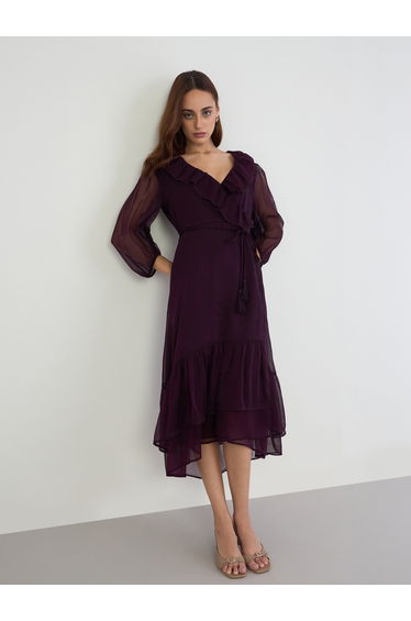 Purple Ruffle Trim Midi Dress