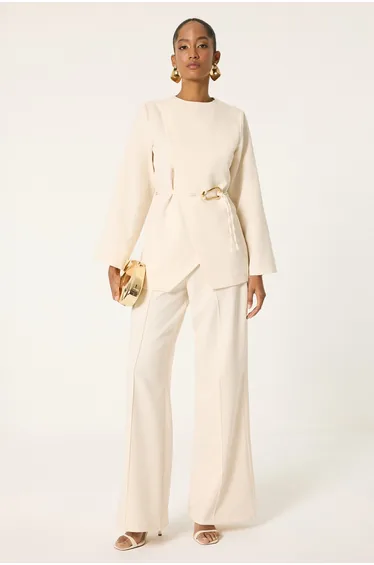 ASYMMETRIC BELT DETAIL JACKET & PANTS SET