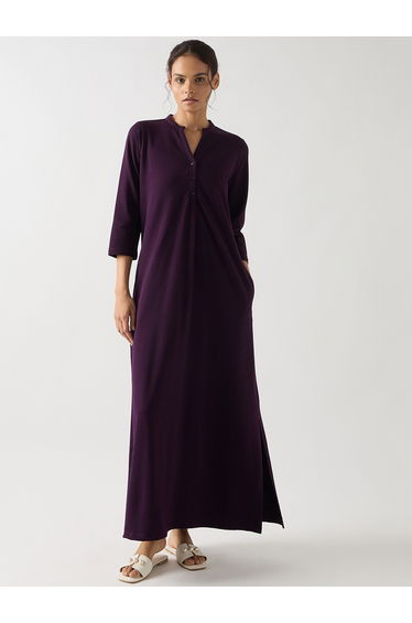 Purple Cotton Knit Maxi Dress with 3/4 Sleeves