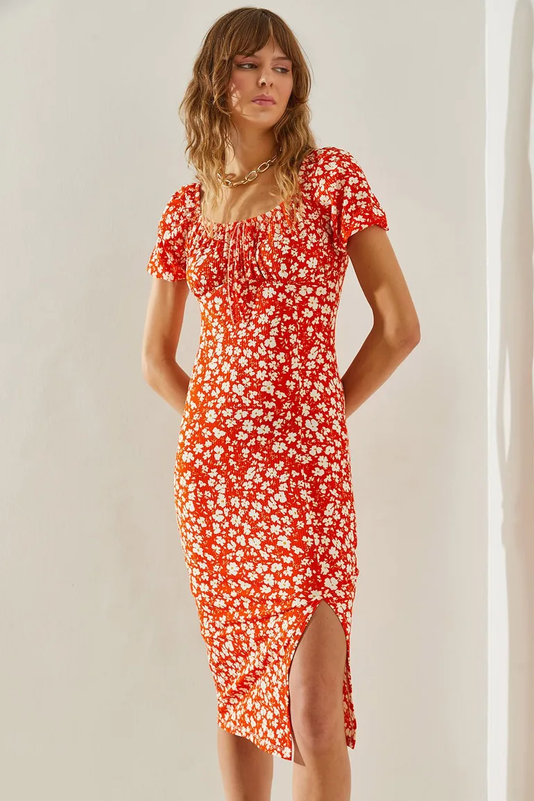 Women's Tie-Front Watermelon Sleeve Daisy Patterned Slit Detailed Dress - 1